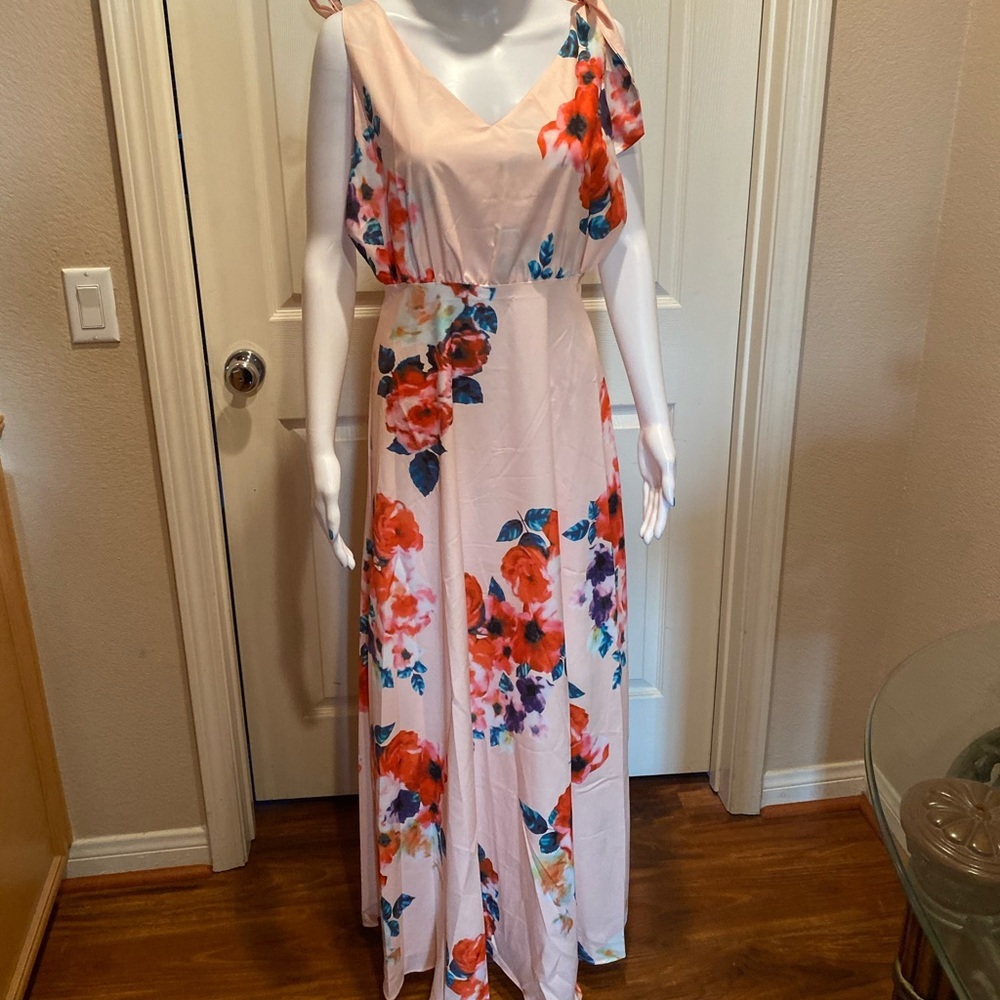 Peach floral print tie detail backless maxi dress.
